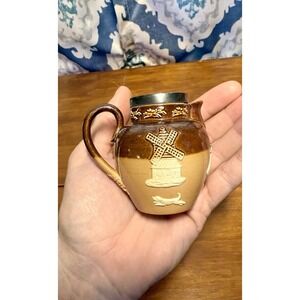 Doulton Lambeth Stoneware Mini Jug W Sterling Silver Rim, 1891 to 1925 Antique!